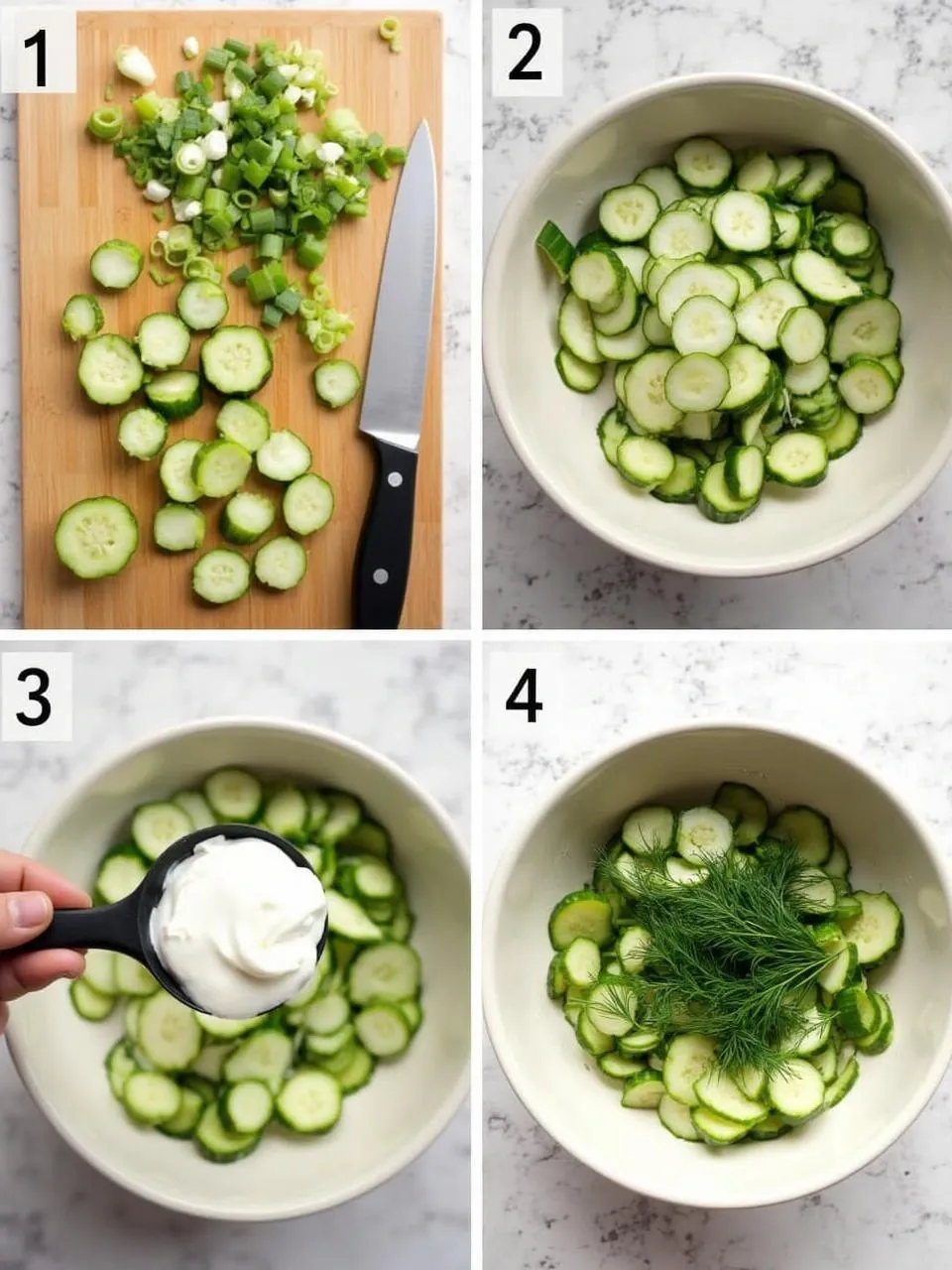 Step-by-step preparation of Lithuanian cucumber salad with sour cream and dill, showing ingredients, mixing, and the final salad ready to serve.