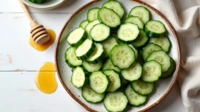 Top-down view of thick cucumber sticks drizzled with honey on a ceramic plate, served as a traditional Lithuanian summer snack.