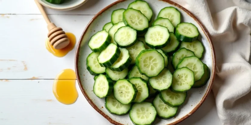Top-down view of thick cucumber sticks drizzled with honey on a ceramic plate, served as a traditional Lithuanian summer snack.