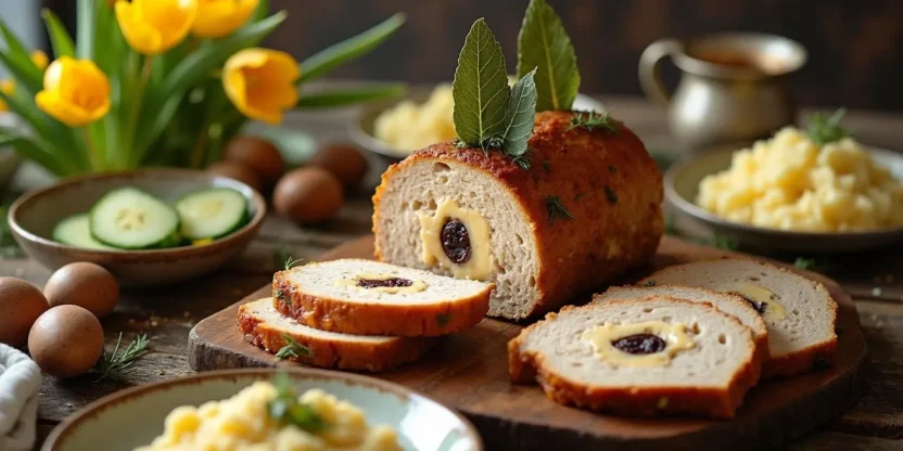 Sliced turkey meatloaf with cheese and prunes on a wooden board, styled as a Lithuanian Easter dish with traditional sides and bay leaf garnish.