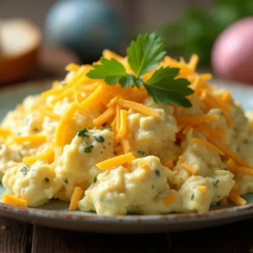 A creamy Lithuanian egg salad with cheese served on a rustic plate, garnished with parsley, with Easter eggs and bread in the background.