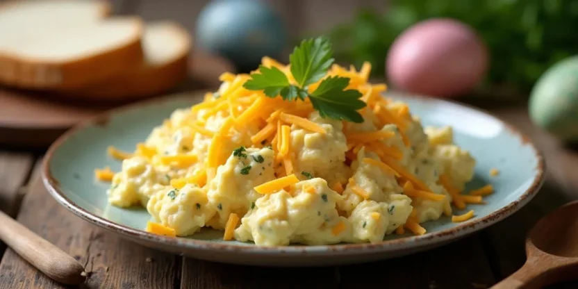 A creamy Lithuanian egg salad with cheese served on a rustic plate, garnished with parsley, with Easter eggs and bread in the background.