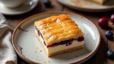 A slice of traditional Lithuanian Draugystės Pyragas on a ceramic plate, showing layers of golden crust, creamy farmer cheese filling, and cherry jam, served with tea and fresh berries.