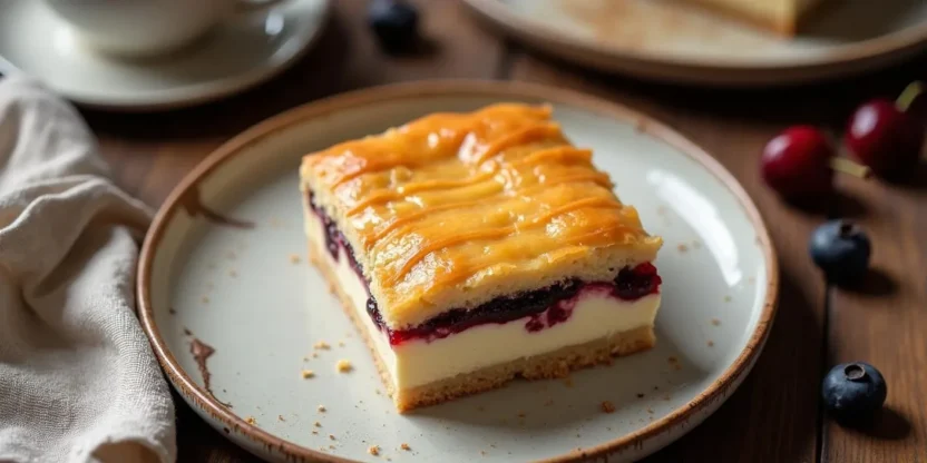 A slice of traditional Lithuanian Draugystės Pyragas on a ceramic plate, showing layers of golden crust, creamy farmer cheese filling, and cherry jam, served with tea and fresh berries.