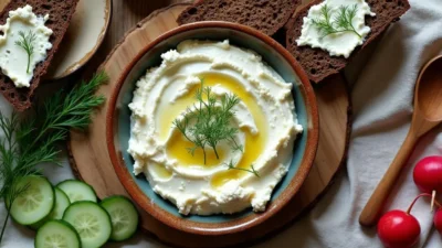 Lithuanian farmer’s cheese dip in a rustic ceramic bowl, garnished with dill and olive oil, served with rye bread, cucumbers, and radishes.