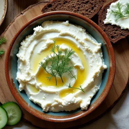 Lithuanian farmer’s cheese dip in a rustic ceramic bowl, garnished with dill and olive oil, served with rye bread, cucumbers, and radishes.