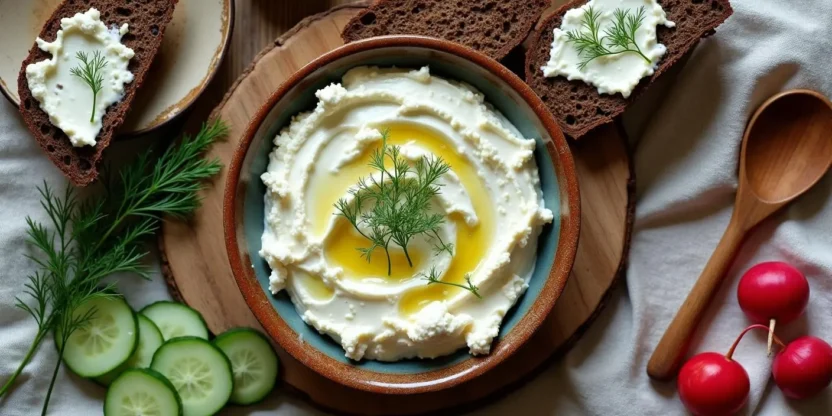 Lithuanian farmer’s cheese dip in a rustic ceramic bowl, garnished with dill and olive oil, served with rye bread, cucumbers, and radishes.