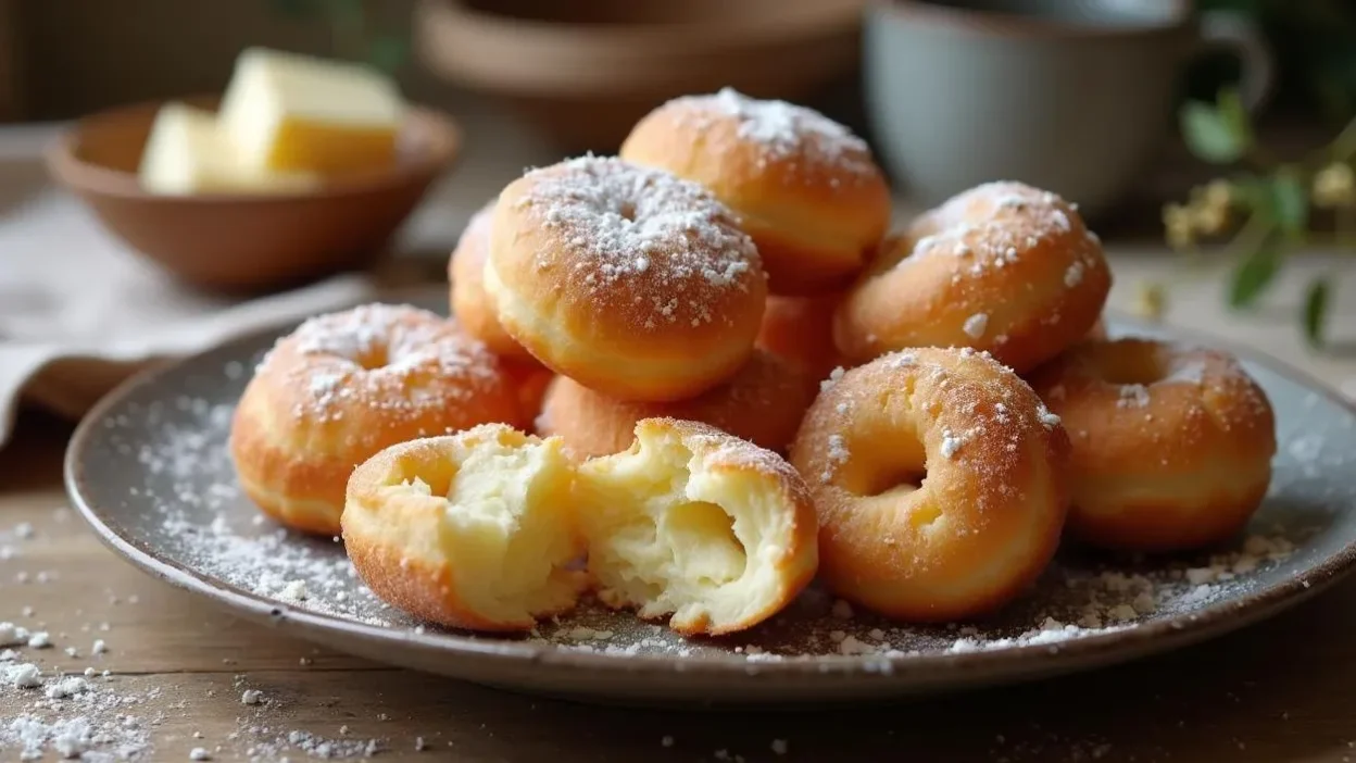 Traditional Lithuanian Farmer’s Cheese Doughnuts (Varškės Spurgos) dusted with powdered sugar on a rustic plate, served with coffee on a wooden table