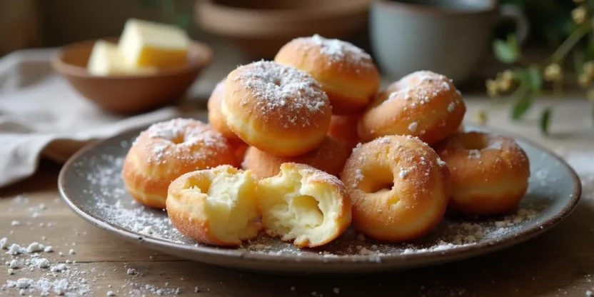 Traditional Lithuanian Farmer’s Cheese Doughnuts (Varškės Spurgos) dusted with powdered sugar on a rustic plate, served with coffee on a wooden table