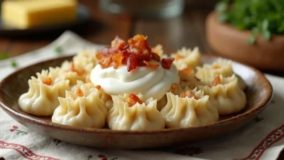 A plate of traditional Lithuanian flour dumplings called Miltiniai Ežiukai, served with sour cream and crispy bacon on a rustic wooden table.