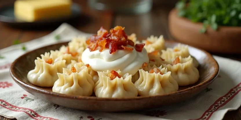 A plate of traditional Lithuanian flour dumplings called Miltiniai Ežiukai, served with sour cream and crispy bacon on a rustic wooden table.