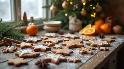 Festive Lithuanian gingerbread cookies topped with orange icing, styled on a rustic wooden table with holiday decorations and warm natural light.