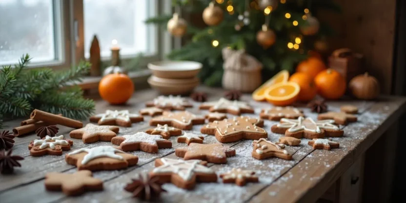 Festive Lithuanian gingerbread cookies topped with orange icing, styled on a rustic wooden table with holiday decorations and warm natural light.