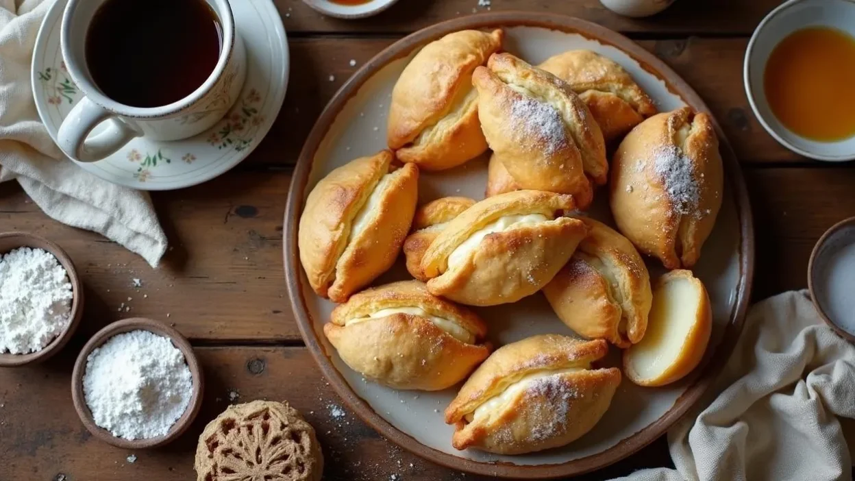 Traditional Lithuanian Grietiniečiai pastries on a rustic wooden table, golden-brown and filled with farmer’s cheese, served with coffee.