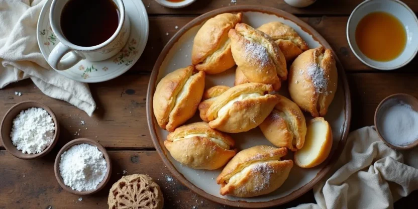 Traditional Lithuanian Grietiniečiai pastries on a rustic wooden table, golden-brown and filled with farmer’s cheese, served with coffee.