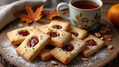 Lithuanian jam-filled sugar cookies on a wooden table, sprinkled with chopped nuts and powdered sugar, next to a cup of tea.