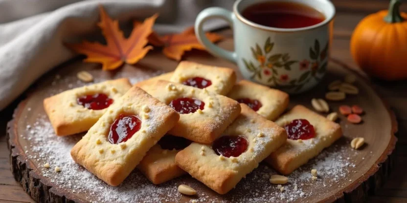 Lithuanian jam-filled sugar cookies on a wooden table, sprinkled with chopped nuts and powdered sugar, next to a cup of tea.