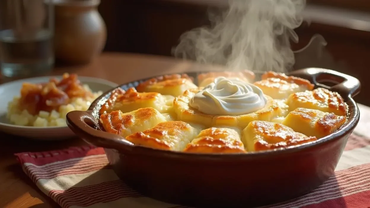 Golden-baked Lithuanian Kugelis potato pudding served in a rustic dish with sour cream and crispy bacon-onion sauce