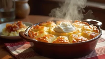 Golden-baked Lithuanian Kugelis potato pudding served in a rustic dish with sour cream and crispy bacon-onion sauce