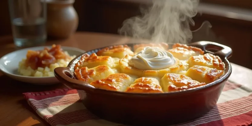 Golden-baked Lithuanian Kugelis potato pudding served in a rustic dish with sour cream and crispy bacon-onion sauce