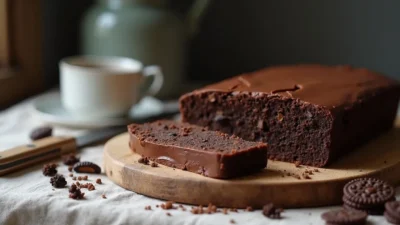 No-bake Lithuanian Lazy Cake (Tinginys) sliced on a wooden board, showing chocolate and biscuit texture with a rustic background.