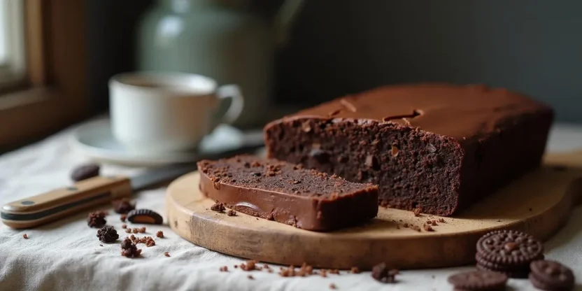 No-bake Lithuanian Lazy Cake (Tinginys) sliced on a wooden board, showing chocolate and biscuit texture with a rustic background.