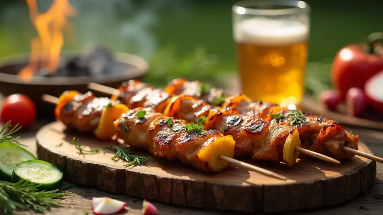 Grilled Lithuanian chicken shashlik skewers marinated in mayonnaise and lemon, served with onions and vegetables on a rustic platter at a summer BBQ.