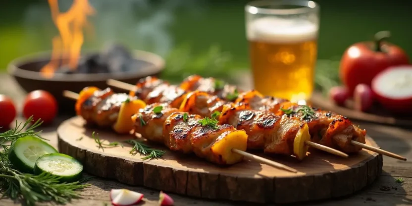 Grilled Lithuanian chicken shashlik skewers marinated in mayonnaise and lemon, served with onions and vegetables on a rustic platter at a summer BBQ.