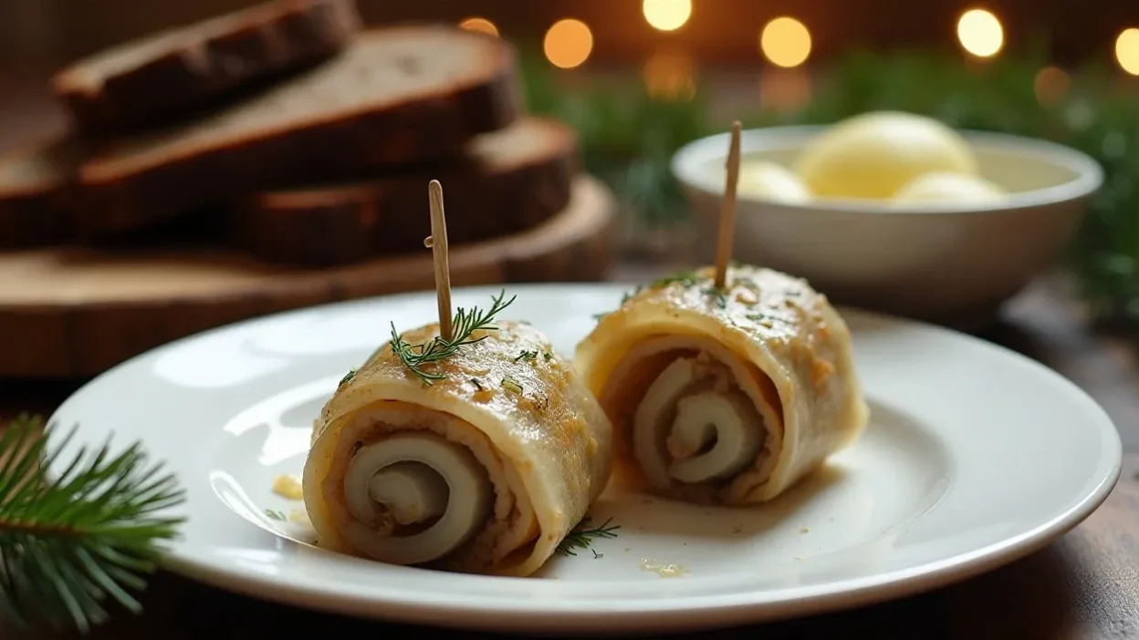 Lithuanian pickled herring rollmops on a festive Christmas Eve table with rye bread and boiled potatoes