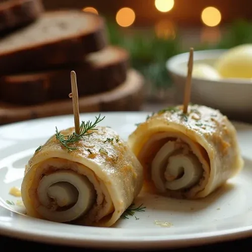 Lithuanian pickled herring rollmops on a festive Christmas Eve table with rye bread and boiled potatoes
