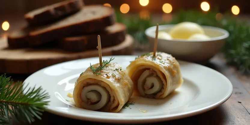 Lithuanian pickled herring rollmops on a festive Christmas Eve table with rye bread and boiled potatoes