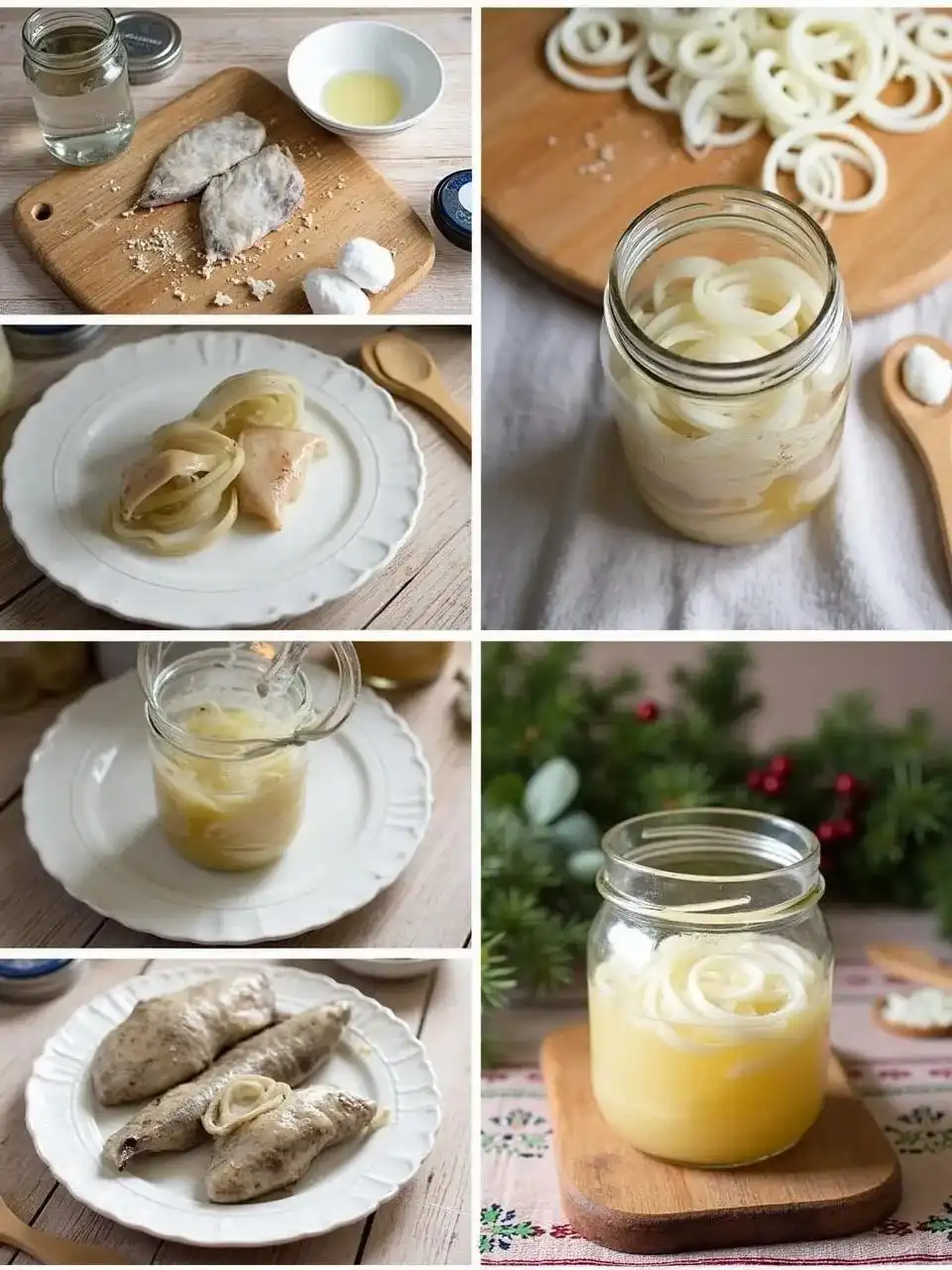 Step-by-step process of preparing Lithuanian Pickled Herring Rollmops with onions, vinegar brine, and traditional ingredients