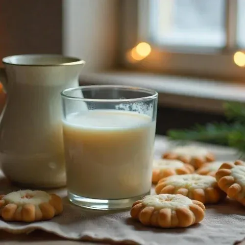 Glass and jug of traditional Lithuanian Poppy Seed Milk (Aguonų Pienas) with Kūčiukai Christmas cookies on a rustic wooden table, with festive holiday decorations.