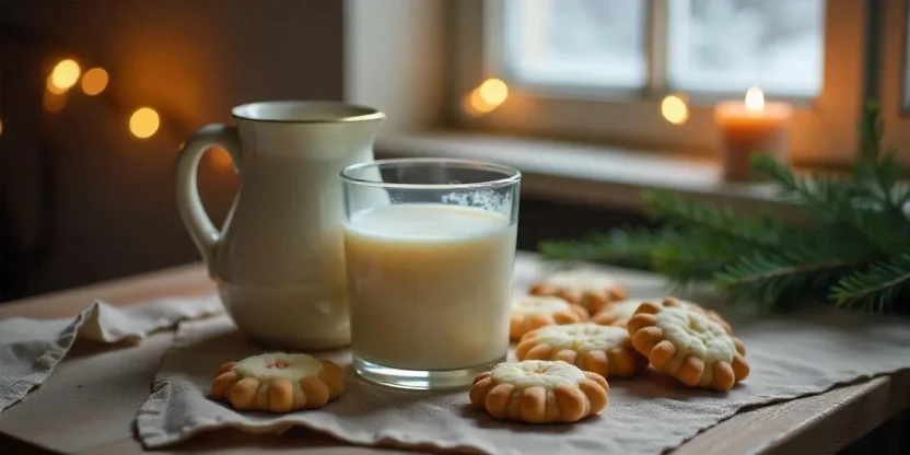 Glass and jug of traditional Lithuanian Poppy Seed Milk (Aguonų Pienas) with Kūčiukai Christmas cookies on a rustic wooden table, with festive holiday decorations.