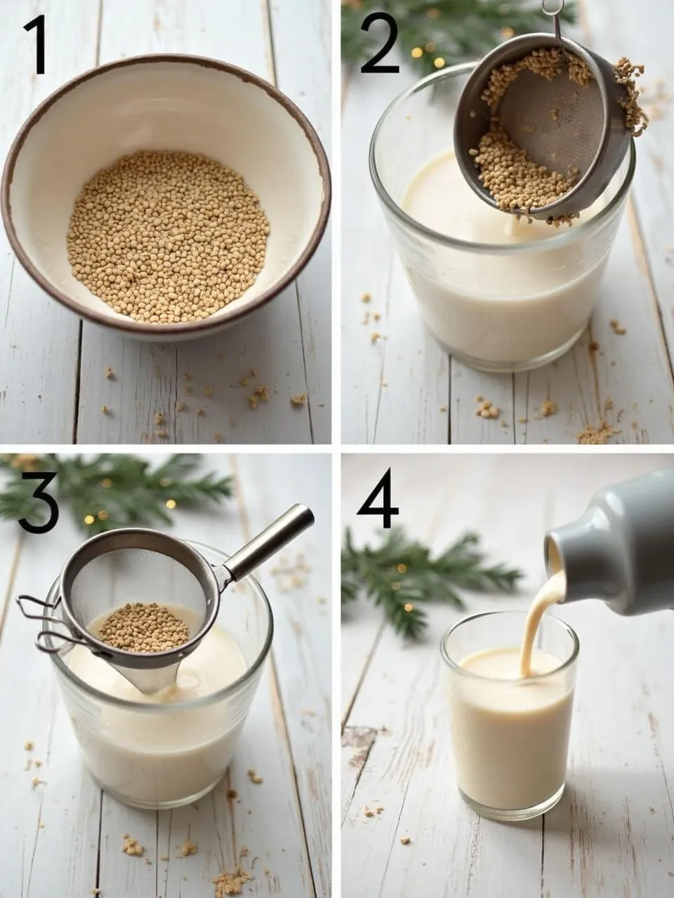 Step-by-step preparation of traditional Lithuanian Poppy Seed Milk (Aguonų Pienas) with soaked, ground, strained poppy seeds and the final creamy drink.