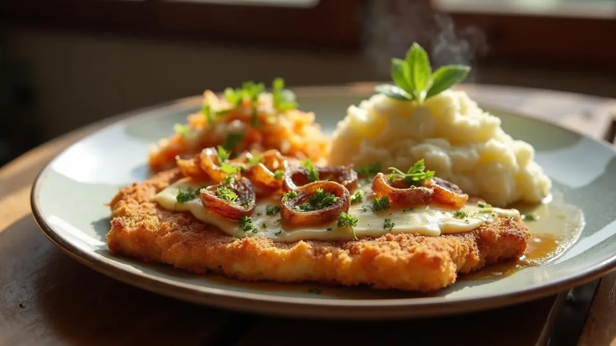 Lithuanian pork cutlet with cheese and onion served with mashed potatoes and cabbage salad on a rustic plate