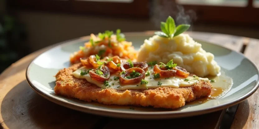 Lithuanian pork cutlet with cheese and onion served with mashed potatoes and cabbage salad on a rustic plate