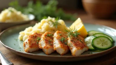 Golden brown Lithuanian pork escalopes (Karbonadas) served with mashed potatoes, fresh salad, and a lemon wedge on a rustic table.