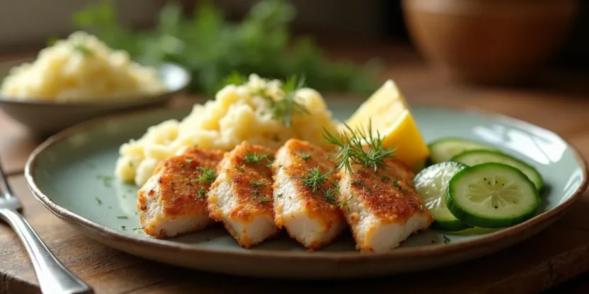 Golden brown Lithuanian pork escalopes (Karbonadas) served with mashed potatoes, fresh salad, and a lemon wedge on a rustic table.