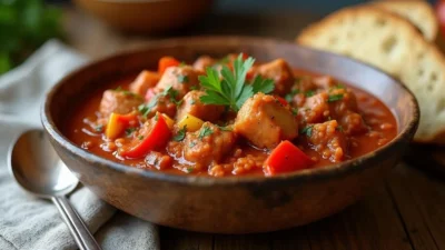 A bowl of Lithuanian pork goulash with tender pork chunks, red peppers, and paprika-tomato sauce, served with fresh bread on a rustic wooden table.