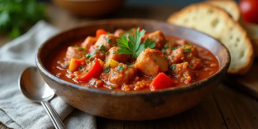 A bowl of Lithuanian pork goulash with tender pork chunks, red peppers, and paprika-tomato sauce, served with fresh bread on a rustic wooden table.