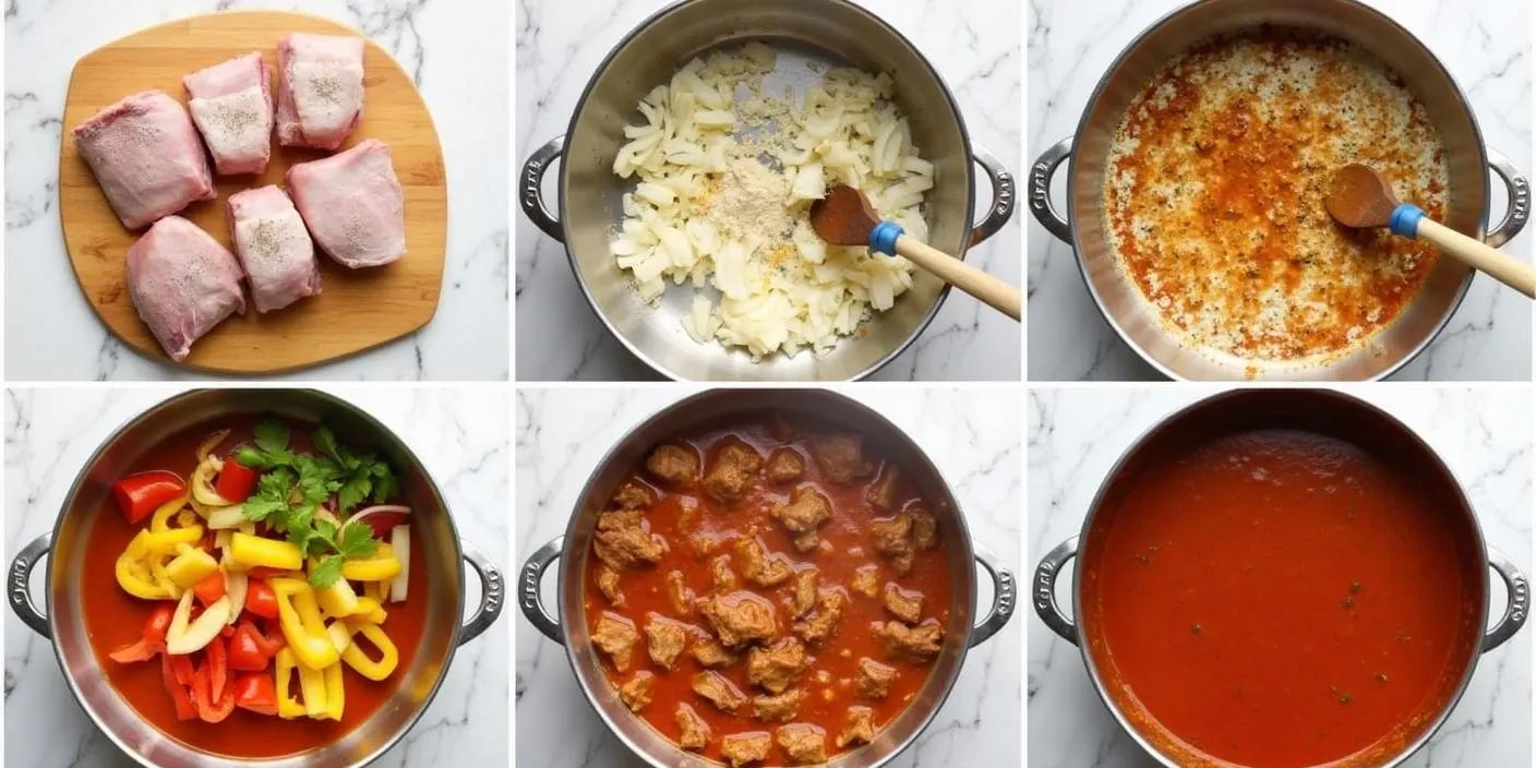 Step-by-step cooking process for making Lithuanian pork goulash, including seasoning, browning pork, sautéing vegetables, adding spices and broth, and simmering the stew.