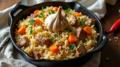 Traditional Lithuanian pork pilaf (plovas) served in a rustic pot with rice, pork chunks, carrots, and a whole garlic bulb, garnished with parsley.