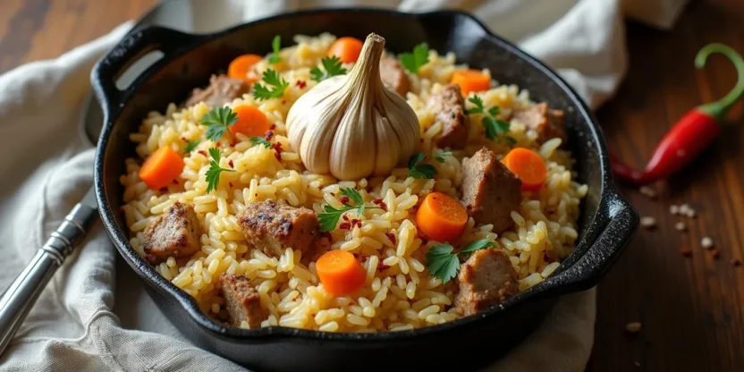 Traditional Lithuanian pork pilaf (plovas) served in a rustic pot with rice, pork chunks, carrots, and a whole garlic bulb, garnished with parsley.