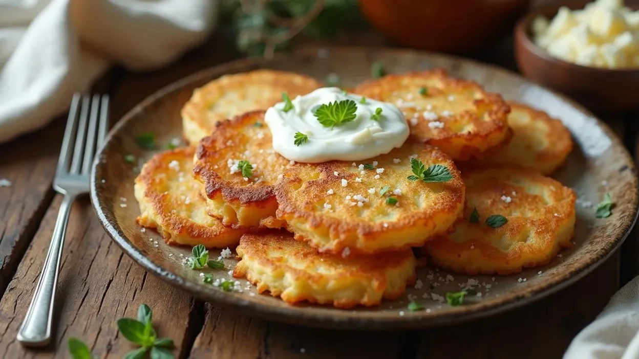 Traditional Lithuanian potato pancakes (Bulviniai Blynai) served with sour cream and farmer’s cheese on a rustic wooden table.