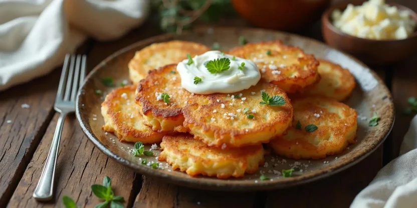 Traditional Lithuanian potato pancakes (Bulviniai Blynai) served with sour cream and farmer’s cheese on a rustic wooden table.
