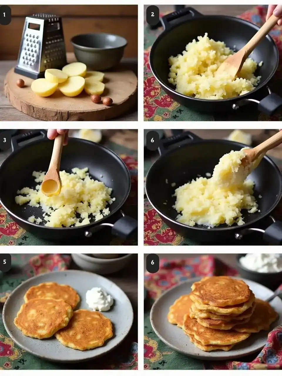 Step-by-step process of making traditional Lithuanian potato pancakes (Bulviniai Blynai), from grating potatoes to frying and serving.