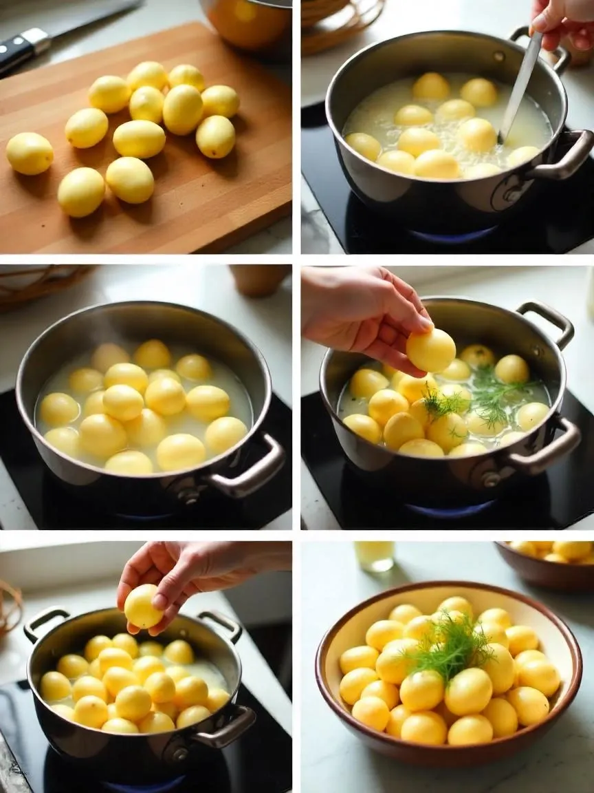 Step-by-step images showing how to make Lithuanian boiled potatoes with butter and dill – traditional Eastern European side dish preparation