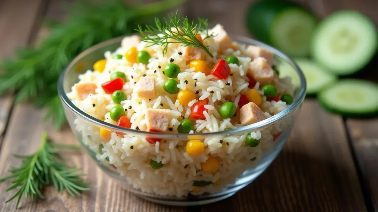 Lithuanian rice salad with crab sticks, sweetcorn, peas, bell pepper, and mayonnaise, served in a glass bowl on a wooden table.