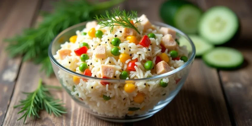 Lithuanian rice salad with crab sticks, sweetcorn, peas, bell pepper, and mayonnaise, served in a glass bowl on a wooden table.